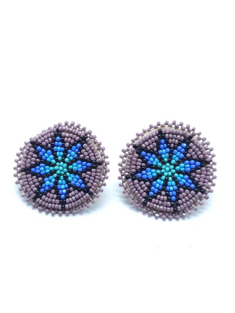 Beaded Round Earrings With Starburst Design Purple Blue Seed Beads Leather Back